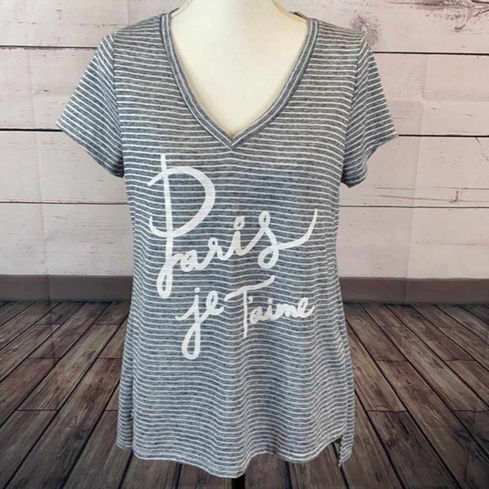 W5 Tee Shirt Top Womens‎ Medium Blue White Striped Paris Travel Love Knit Flax